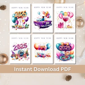 Conjunto de 6 cartões de Feliz Ano Novo para impressão, cartões de felicitações 5x7, kit para fazer cartões, pacote