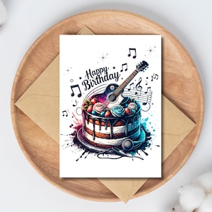 Druckbare Geburtstagskarte Gitarre Cake Rock Geburtstagskarte für Musik-Liebhaber, Sänger, Gitarristen Sofort Download