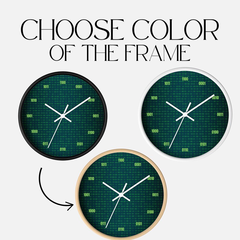 K&ouml;nnte beinhalten: Drei runde Wanduhren mit wei&szlig;en Zeigern und einem Bin&auml;rcode-Design auf dem Zifferblatt. Die Uhren haben schwarze, wei&szlig;e und holzfarbene Rahmen. Der Text "CHOOSE COLOR OF THE FRAME" steht oben.
