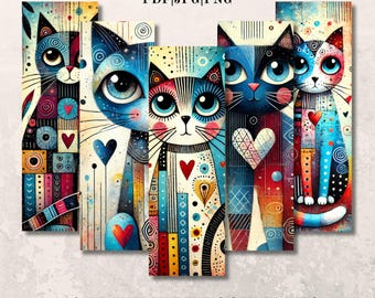 Whimsical Cat Printable Bookmarks, 10 Quirky Designs, PNG Bookmark Bundle