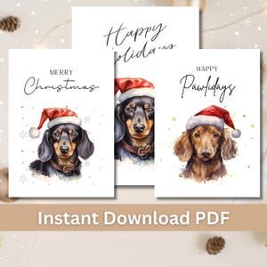 Cartões de Natal para impressão Dachshund, cartões de felicitações 5x7, download digital, kit para fazer cartões, pacote
