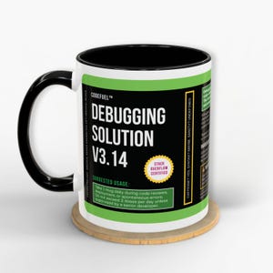 May include: A white ceramic mug with a black interior and handle. The mug features the text "DEBUGGING SOLUTION V3.14" in large white letters on a black and green label. The mug also has the text "STACK OVERFLOW CERTIFIED".