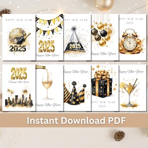 Set of 10 Printable Happy New Year Cards, 5x7 Greetings Cards, Card making kit, Bundle
