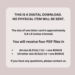 Puede incluir: Texto sobre un fondo blanco que dice: "ESTA ES UNA DESCARGA DIGITAL. NO SE ENVIAR&Aacute; NING&Uacute;N ART&Iacute;CULO F&Iacute;SICO." El tama&ntilde;o de una tarjeta de letras es de aproximadamente 17,3 x 22,9 cm recortada. Recibir&aacute;s cuatro archivos PDF en tama&ntilde;o A4 (21 x 29,7 cm) + un BONUS tama&ntilde;o carta US (21,6 x 27,9 cm) + un BONUS Si tienes alguna pregunta, ponte en contacto con nosotros.