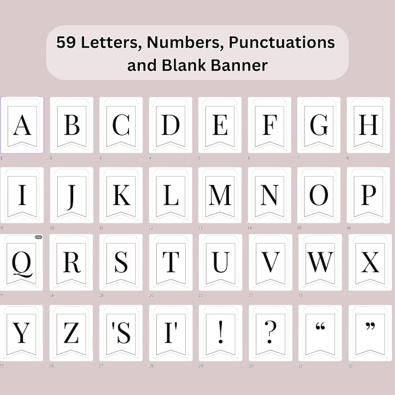 Puede incluir: Un conjunto imprimible de 59 pancartas de letras, n&uacute;meros y signos de puntuaci&oacute;n en blanco y negro. Cada pancarta es un rect&aacute;ngulo blanco con una letra, un n&uacute;mero o un signo de puntuaci&oacute;n negro en su interior. Las pancartas est&aacute;n dispuestas en filas y columnas sobre un fondo rosa claro.