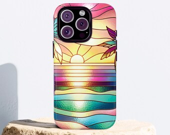 Stained Glass Sunset Beach Phone Case: Tropical Summer iPhone Cover