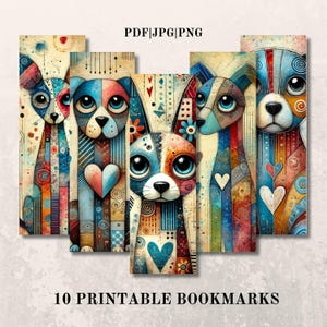 Whimsical Dog Printable Bookmarks, 10 Quirky Designs, PNG Bookmark Bundle