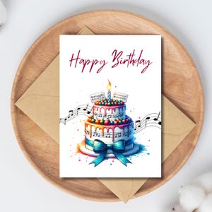 Tarjeta de cumpleaños imprimible para amantes de la música, con forma de pastel colorido, de 5 x 7 pulgadas, para cantantes, músicos y profesores. Descarga instantánea.
