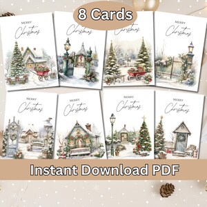 Conjunto de 8 cartões de Natal vintage para impressão, cartões de felicitações vintage aquarela 5x7, kit para fazer cartões, pacote de download digital