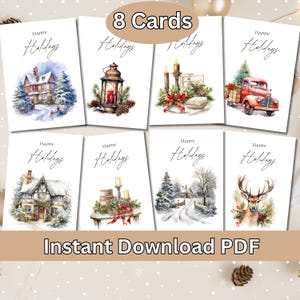 Conjunto de 8 cartões de Boas Festas para impressão, cartões de felicitações vintage em aquarela 5x7, kit para fazer cartões, pacote para download digital