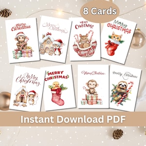 Set van 8 afdrukbare kerstkaarten met aquarelillustraties, 5 x 7 wenskaarten, kaartenset, digitale downloadbundel