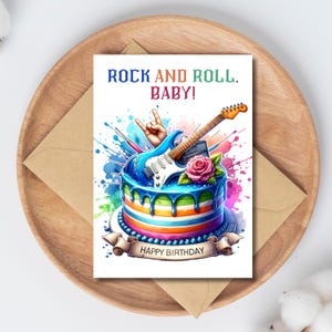 Afdrukbare verjaardagskaart Guitar Cake Rock verjaardagskaart voor muziekliefhebbers, zangers, gitaristen direct downloaden