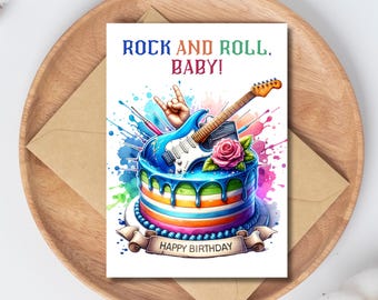 Tarjeta de cumpleaños imprimible con tema de guitarra y pastel: Rock (Descarga digital)
