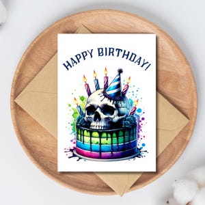 Carte d'anniversaire rock avec gâteau tête de mort gothique imprimable 5 x 7 pour les fans de rock, métalleux, gothiques Téléchargement numérique instantané