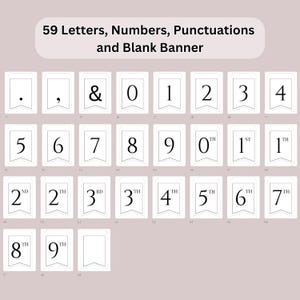 Puede incluir: Un conjunto de 59 banderas de pancarta imprimibles que incluyen letras, n&uacute;meros, signos de puntuaci&oacute;n y una pancarta en blanco. Las banderas son en blanco y negro y tienen un dise&ntilde;o simple y moderno.