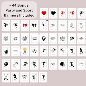 Puede incluir: Un conjunto de 44 pancartas de fiesta y deportes imprimibles. Las pancartas presentan una variedad de dise&ntilde;os, que incluyen corazones, anillos, lazos, gorros de graduaci&oacute;n, equipos deportivos y m&aacute;s. Las pancartas son en blanco y negro con algunos acentos rojos.