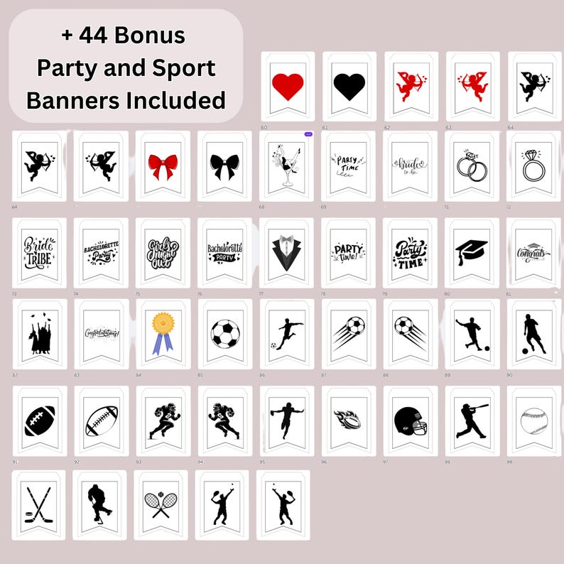 Puede incluir: Un conjunto de 44 pancartas de fiesta y deportes imprimibles. Las pancartas presentan una variedad de dise&ntilde;os, que incluyen corazones, anillos, lazos, gorros de graduaci&oacute;n, equipos deportivos y m&aacute;s. Las pancartas son en blanco y negro con algunos acentos rojos.