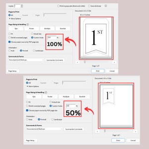 Puede incluir: Una captura de pantalla de una computadora que muestra un programa para imprimir documentos. El programa tiene una configuraci&oacute;n para "Escala personalizada" con un control deslizante que se puede ajustar al 100% o al 50%. La imagen muestra la diferencia de tama&ntilde;o de una pancarta impresa cuando la escala se establece en 100% y 50%. La pancarta es un dise&ntilde;o simple con el texto "1ST" en ella.