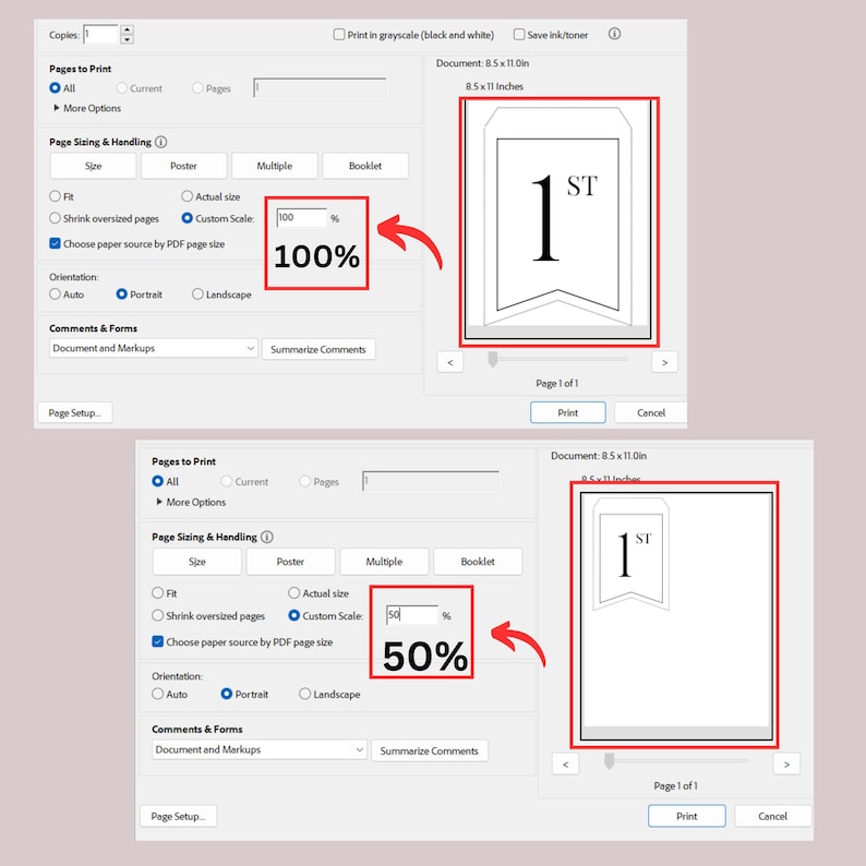 Puede incluir: Una captura de pantalla de una computadora que muestra un programa para imprimir documentos. El programa tiene una configuraci&oacute;n para "Escala personalizada" con un control deslizante que se puede ajustar al 100% o al 50%. La imagen muestra la diferencia de tama&ntilde;o de una pancarta impresa cuando la escala se establece en 100% y 50%. La pancarta es un dise&ntilde;o simple con el texto "1ST" en ella.