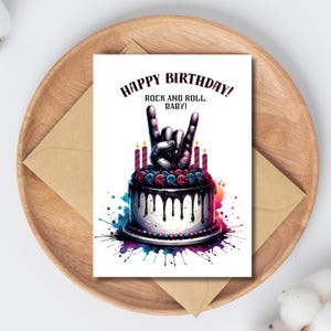 Rock and Roll Geburtstagskarte 5x7 für Musik-Liebhaber, Gitarristen, Rock-Fans, Metal Horns Cake Art Instant Download