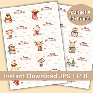 May include: Printable Christmas gift tags with cute animal illustrations. The tags are white with red and black text that says "Merry Christmas". There are 20 labels on two sheets.