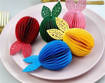 6 Pcs. Easter eggs to hang or free standing, handmade, paper decoration, honeycomb