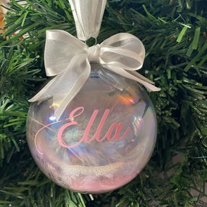 Feather filled personalised Christmas baubles
