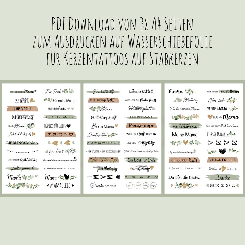 May include: Printable digital download of three A4 sheets of Mother's Day themed candle tattoos. The designs feature hearts, flowers, and text in black, gold, and green. The text includes phrases like "Mama", "I love you", "Best Mom", "Thank you for everything", and "Happy Mother's Day".