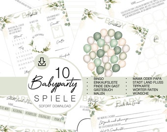 Puede incluir: Un conjunto de 10 juegos de baby shower imprimibles con un esquema de color verde y blanco. Los juegos incluyen bingo, una lista de compras, encontrar al invitado, un libro de visitas, un juego de dibujo, un juego de ciudad, estado, río, un juego de adivinar artículos para bebés, un juego de quién es quién y un juego de mamá o papá. Los juegos están decorados con hojas verdes y globos.