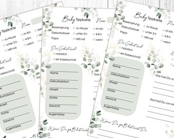 Baby Tippkarte | Baby Party Spiele | Babyshower Spiele | Ratekarten Babyparty | Download zum Ausdrucken | Eukalyptus gold