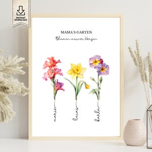 Pôster personalizado do Dia das Mães do Mama's Garden com flores de nascimento e nomes dos filhos para imprimir