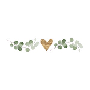 May include: A gold glitter heart with green eucalyptus leaves on either side.