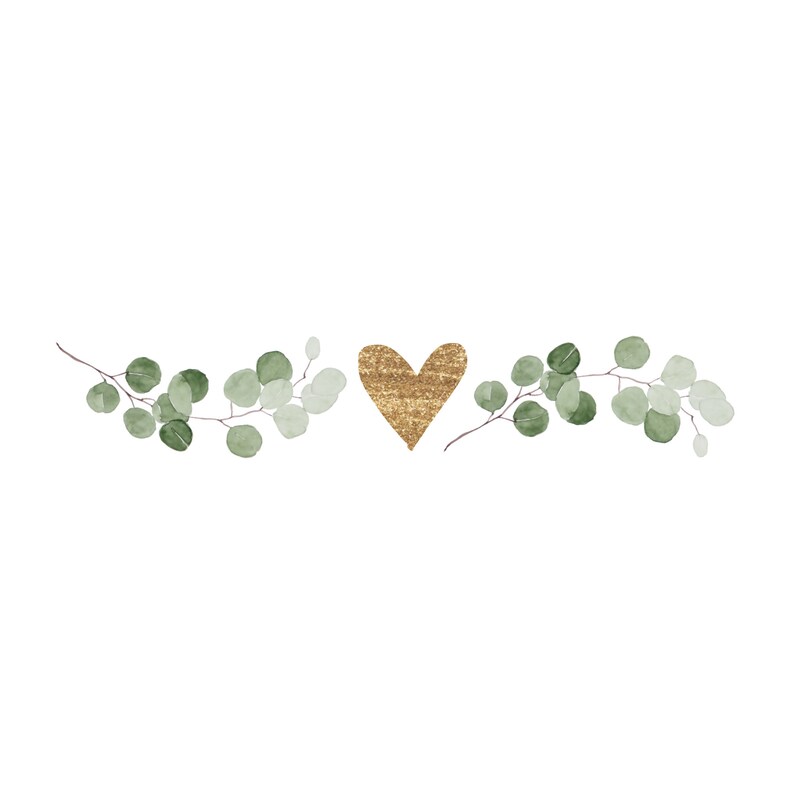 May include: A gold glitter heart with green eucalyptus leaves on either side.