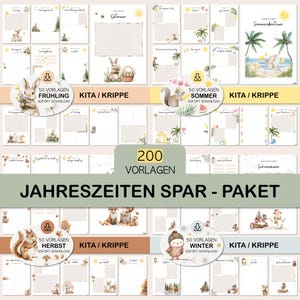 Könnte beinhalten: Eine Sammlung von 200 druckbaren Vorlagen für Kita und Krippe, unterteilt in vier saisonale Sets. Jedes Set enthält Aquarellillustrationen von Tieren und Natur, darunter Hasen, Eichhörnchen und Füchse, mit leeren Feldern für Texteinträge.