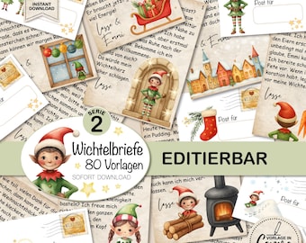 以下が含まれることがあります： エルフのイラスト、お祝いの装飾、テキスト「Wichtelbriefe 80 Vorlagen」が特徴の、クリスマスをテーマにした印刷可能なカードのコレクション。カードは、即時ダウンロードとパーソナライズのために設計されています。