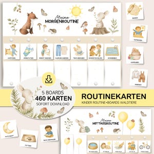 Peut inclure: Ensemble de tableaux de routine pour enfants avec des illustrations à l'aquarelle d'animaux de la forêt et d'activités quotidiennes. Les tableaux incluent le texte "Meine Morgenroutine" et "Meine Mittagsroutine". L'ensemble comprend 5 tableaux et 460 cartes.