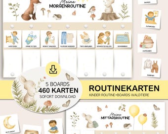 May include: A set of children's routine boards with watercolor illustrations of woodland animals and daily activities. The boards include the text "Meine Morgenroutine" and "Meine Mittagsroutine". The set includes 5 boards and 460 cards.