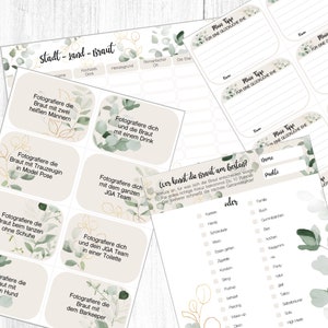 4 JGA games to print for women | Hen party city country bride | Photo task | PDF template download | Eucalyptus watercolor