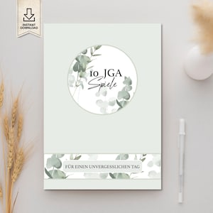 May include: A green and white printable booklet with the text "10 JGA Spiele" and "FÜR EINEN UNVERGESSLICHEN TAG" in a circle with a floral design.