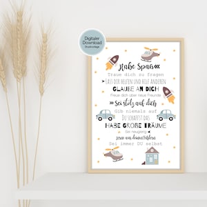 Könnte beinhalten: Ein druckbarer Poster mit einem blauen und gelben Farbschema mit Raketen-, Hubschrauber- und Autoillustrationen. Der Poster hat den Text "Habe Spaß" und eine Liste inspirierender Zitate auf Deutsch.