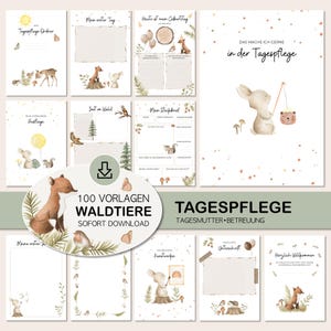 Può includere: Una raccolta di pagine stampabili con illustrazioni ad acquerello di animali del bosco. Le pagine includono testo in tedesco, con titoli come "Mein erster Tag" e "Heute ist mein Geburtstag". Il design presenta una volpe, un cervo e un coniglio.