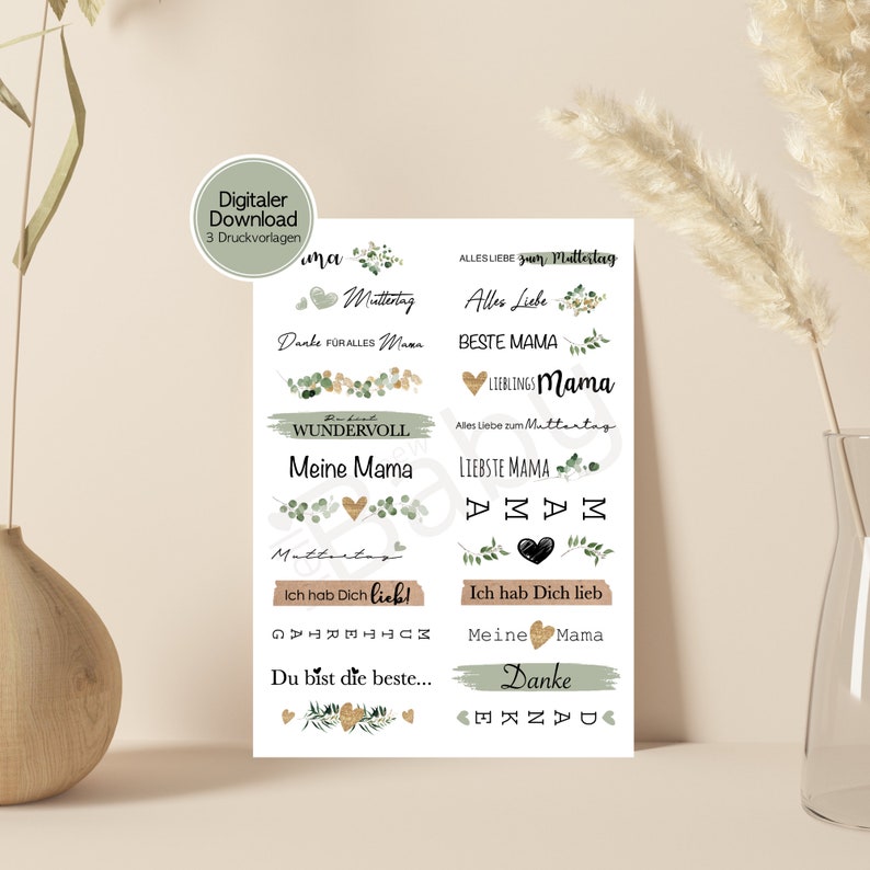 May include: Printable digital stickers with a green and gold floral design. The stickers feature various Mother's Day messages in German, including "Alles Liebe zum Muttertag" (All love for Mother's Day), "Beste Mama" (Best Mom), and "Lieblings Mama" (Favorite Mom).
