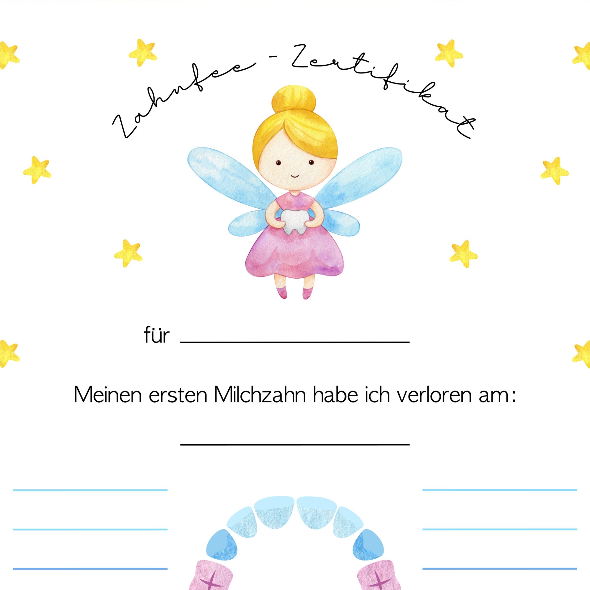Zahnkalender Milchzähne Zahnfee Zertifikat zum Ausdrucken - Etsy Schweiz
