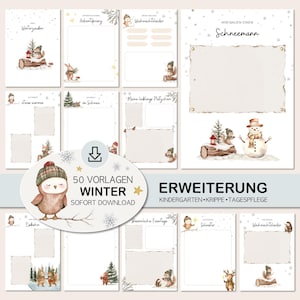 Può includere: Una raccolta di pagine stampabili a tema invernale con illustrazioni ad acquerello. Le pagine presentano immagini di creature del bosco, pupazzi di neve e scene invernali. Il testo include "Inverno", "Pupazzo di neve" e "50 Modelli".