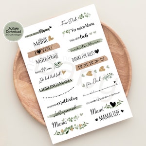 May include: Printable stickers with a green and gold floral design and text in German, including "Mama", "Lieblingsmama", "Muttertag", "Danke fur alles", and "Ich hab dich lieb".