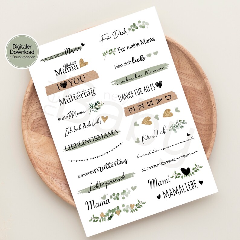 May include: Printable stickers with a green and gold floral design and text in German, including "Mama", "Lieblingsmama", "Muttertag", "Danke fur alles", and "Ich hab dich lieb".