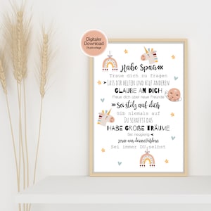 Könnte beinhalten: Ein druckbarer Poster mit einem bunten Regenbogen, Sternen und einem Einhorn. Der Poster zeigt den Text "Habe Spaß" und inspirierende Zitate auf Deutsch.