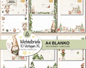 Könnte beinhalten: Eine Sammlung von Weihnachtspapierwaren mit Wichteln, Elfen und Winterszenen. Die Designs umfassen liniertes Papier, Umschläge und dekorative Bordüren mit festlichen Elementen. Der Text enthält "SOFORT DOWNLOAD" und "A4 BLANKO".