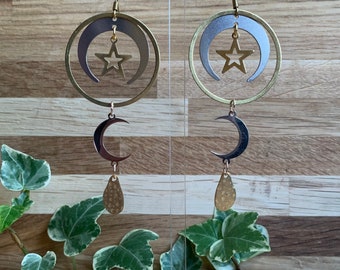 Handmade two tone brass and steel celestial chandelier earrings