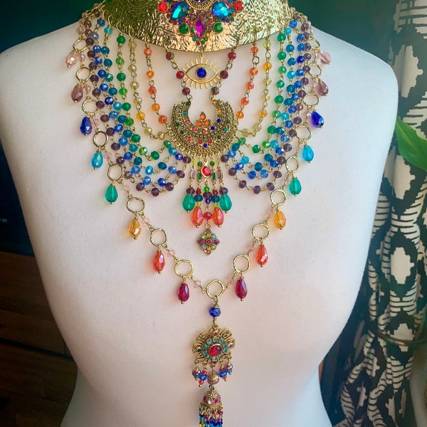 Handmade, rainbow carnival goddess statement necklace , eye, rainbow